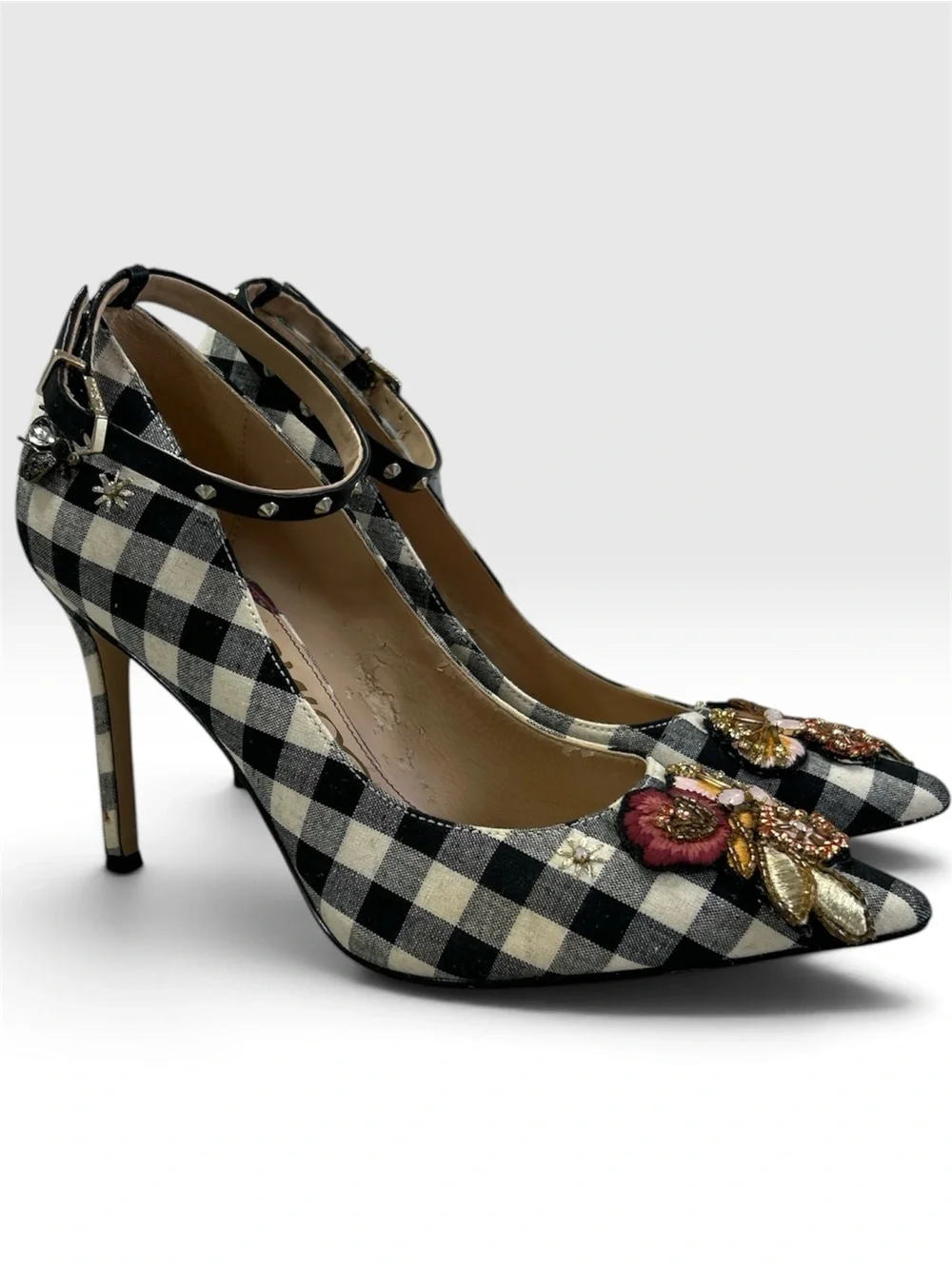 Sam Edelman Hermione Gingham Pumps Sz 7 Bee Floral Studded Optional Ankle Strap